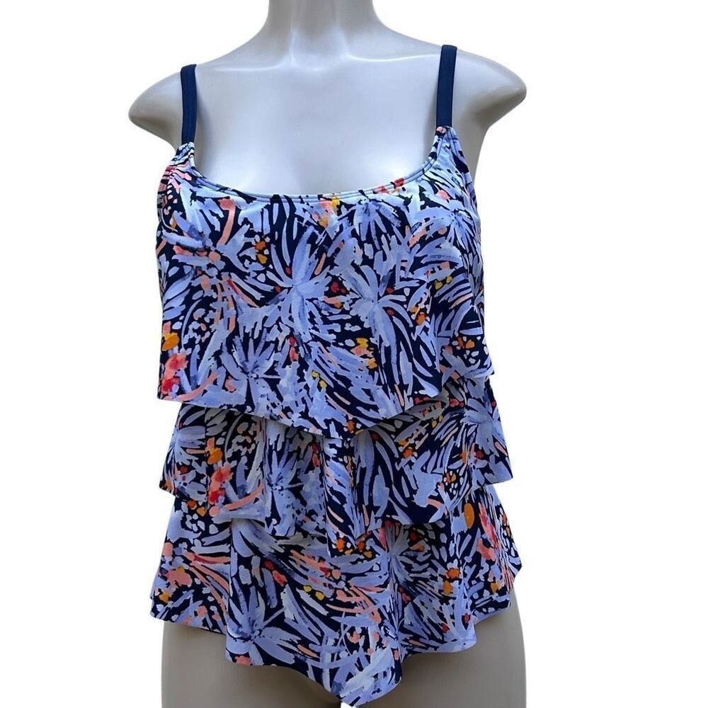 INTL Details Swim Tankini Top Women's Medium Multicolor Printed Tiered Ruffle